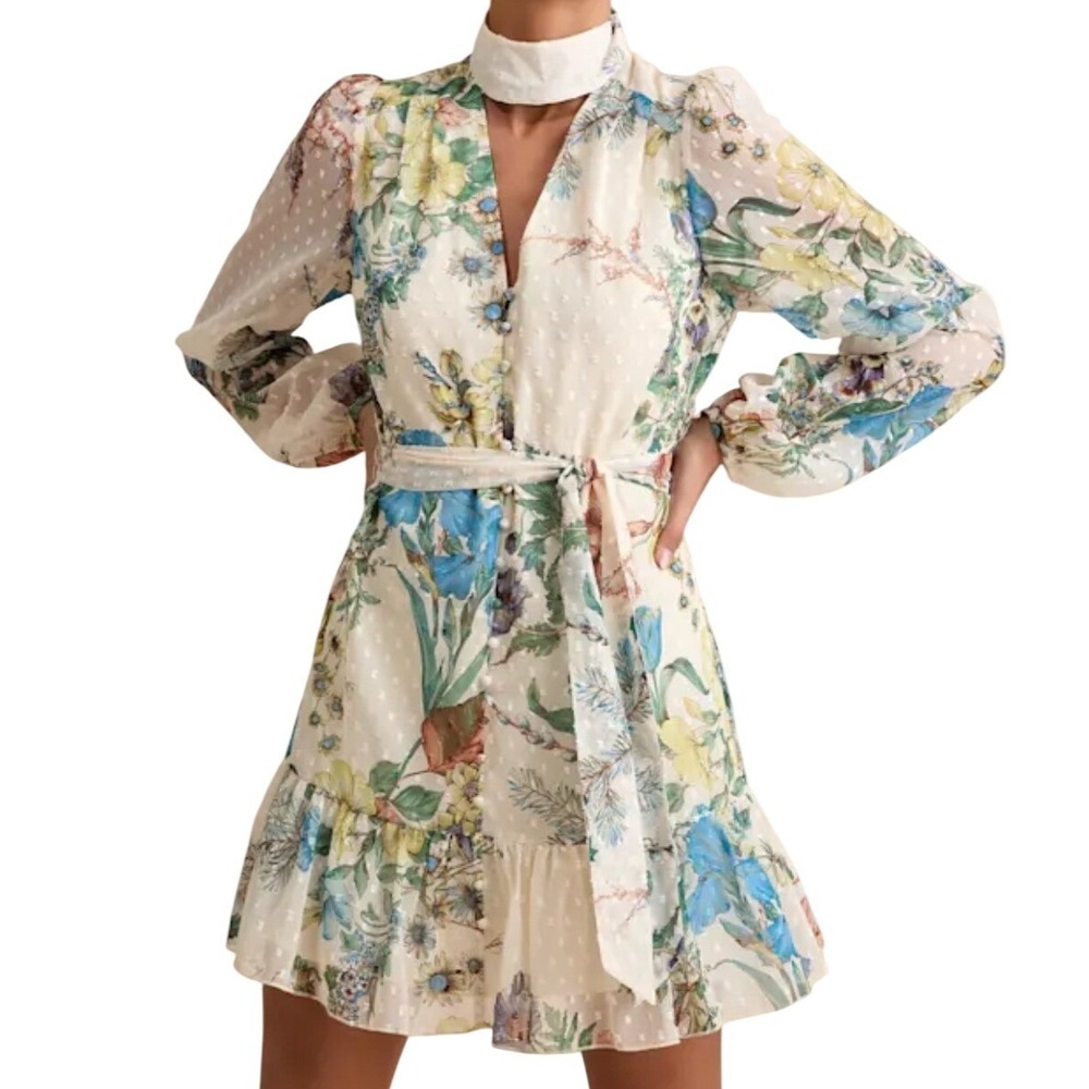 NWT Lulus Ayame Ivory Floral Swiss Dot Balloon Sleeve Mini Dress L Mock Neck